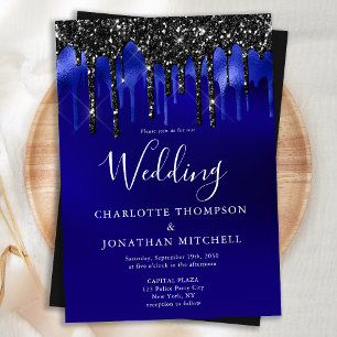 Elegant Black Blue Glitter Drips Police Wedding Invitation