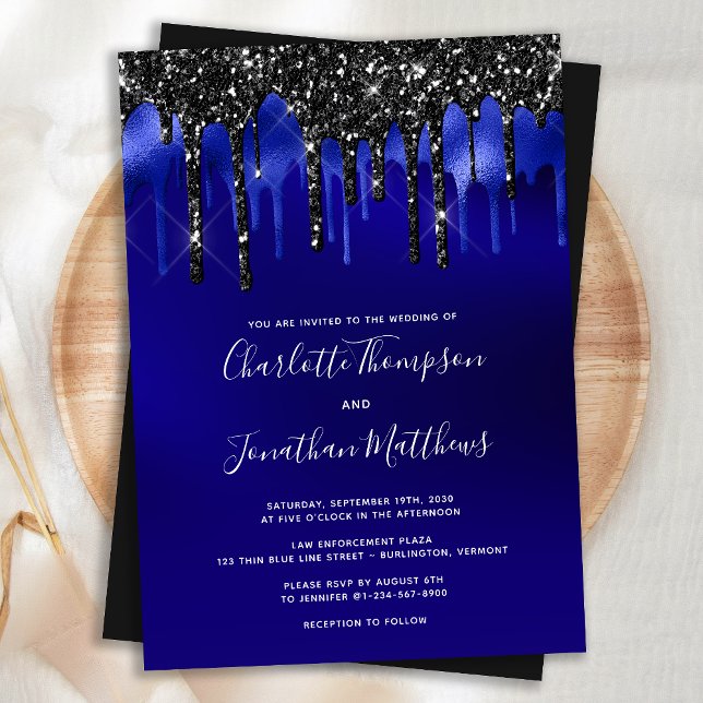 Elegant Black Blue Glitter Drips Police Wedding Invitation (Creator Uploaded)