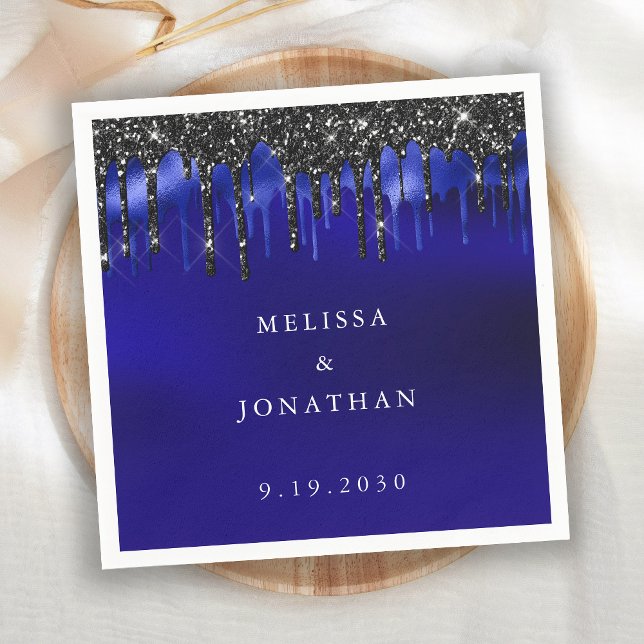 Elegant Black Blue Glitter Drips Police Wedding Napkin (Creator Uploaded)