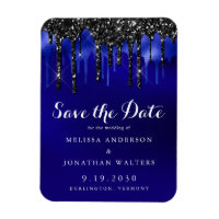 Elegant Black Blue Glitter Drips Save The Date