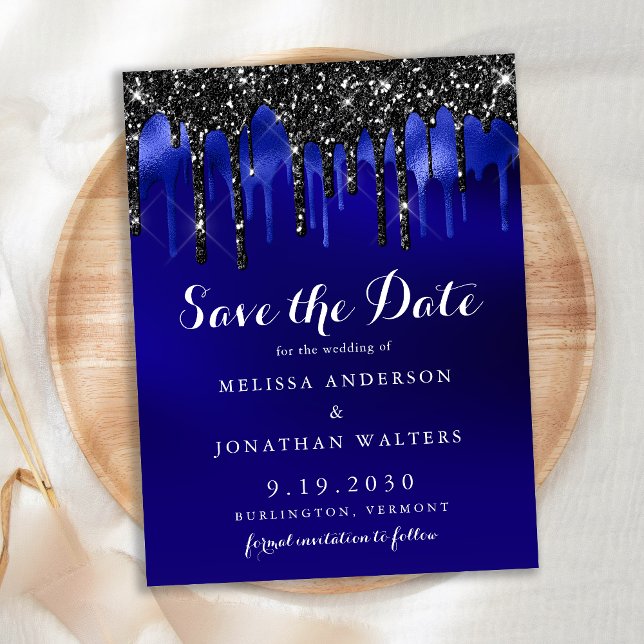 Elegant Black Blue Glitter Drips Save The Date  Postcard (Creator Uploaded)
