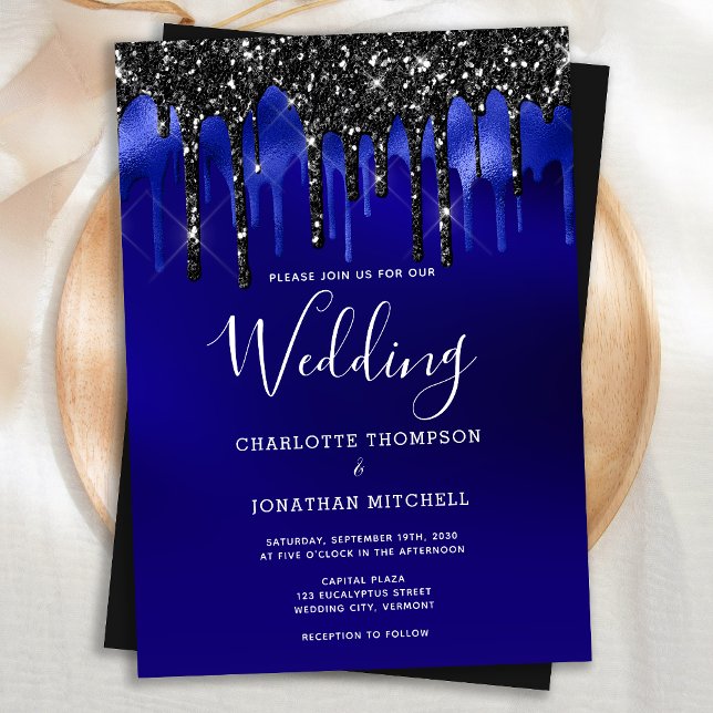 Elegant Black Blue Glitter Drips Wedding Invitation (Creator Uploaded)