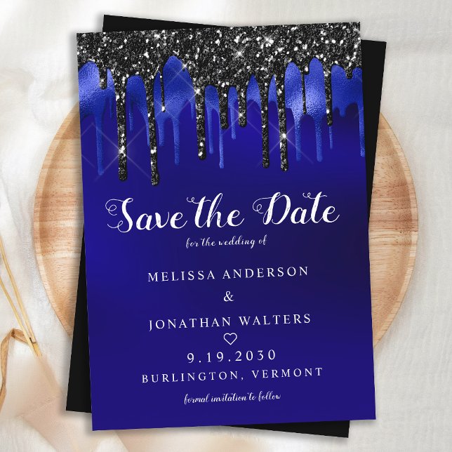 Elegant Black Blue Glitter Drips Wedding Invitation (Creator Uploaded)