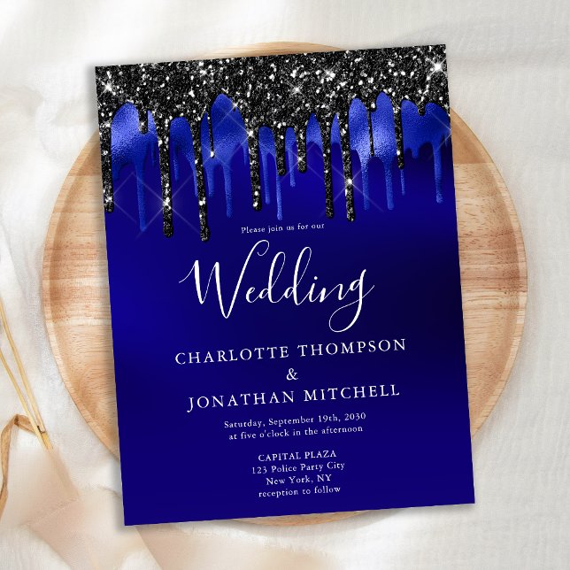 Elegant Black Blue Glitter Drips Wedding Invite Postcard (Creator Uploaded)
