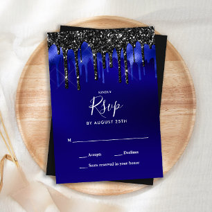 Elegant Black Blue Glitter Drips Wedding RSVP Card