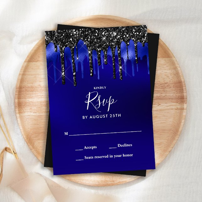 Elegant Black Blue Glitter Drips Wedding RSVP Card (Creator Uploaded)