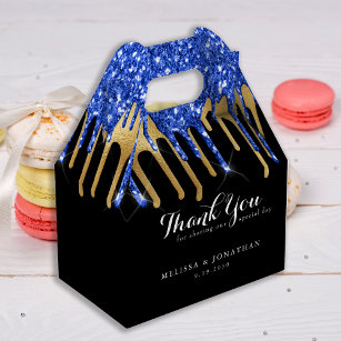 Elegant Black Blue Gold Glitter Drips Wedding Favour Box
