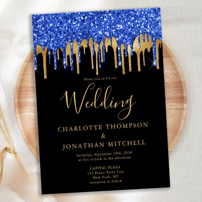 Elegant Black Blue Gold Glitter Drips Wedding Invitation (Creator Uploaded)