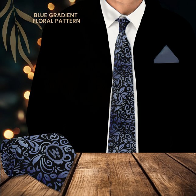 Elegant Black Blue Gradient Floral Monogram Tie (Elegant Black Blue Gradient Floral Monogram Neck Tie)