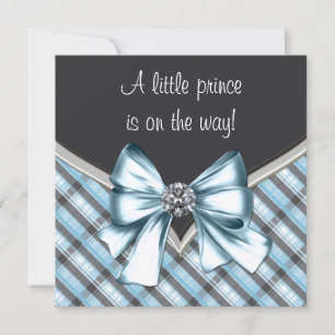 Elegant Black Blue Grey Plaid Prince Baby Shower Invitation