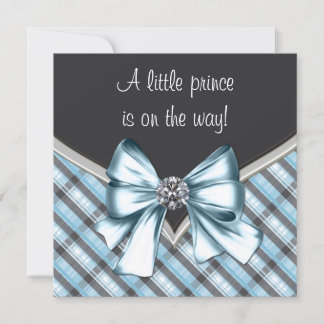 Elegant Black Blue Grey Plaid Prince Baby Shower Invitation