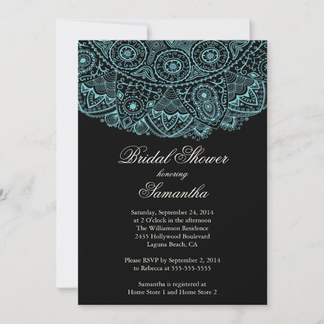 Elegant Black Blue Lace Bridal Shower Invitation (Front)