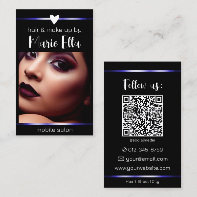 Elegant Black Blue Lines Photo QR Code Template  Business Card (Front/Back)