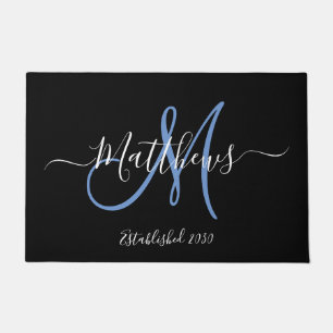 Elegant Black Blue Monogram Script Family Name Doormat