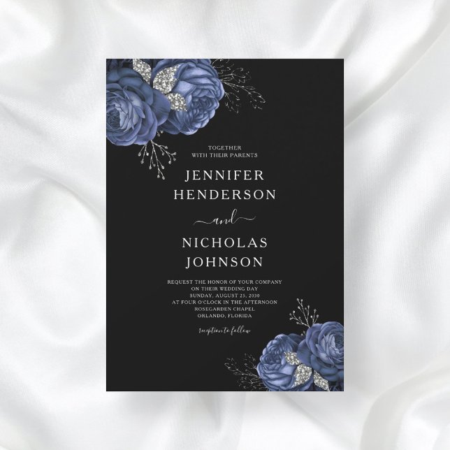 Elegant Black Blue Peonies Wedding  Invitation (Creator Uploaded)