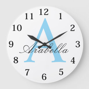 Elegant Black Blue Personalized Monogram Name Large Clock