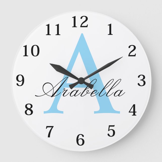 Elegant Black Blue  Personalized Monogram  Name  Large Clock (Front)
