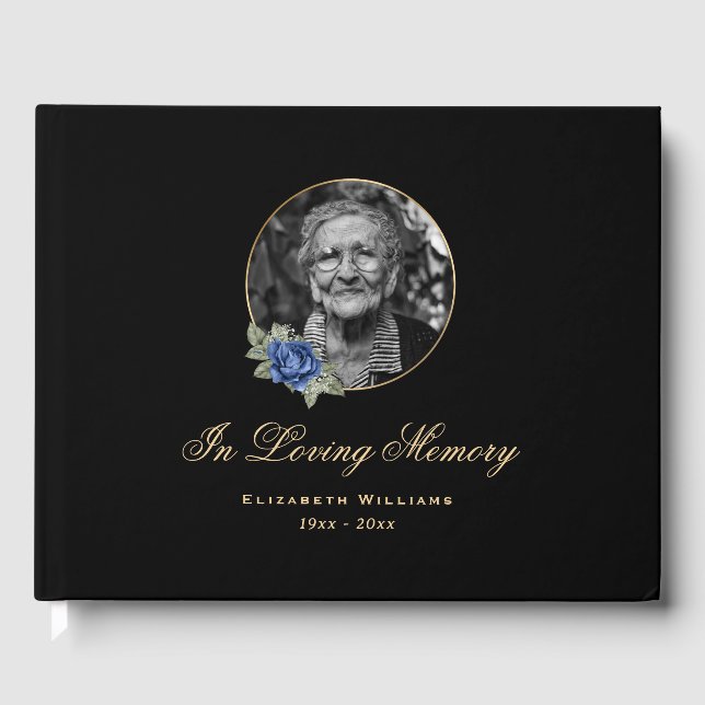 Elegant Black Blue Rose Floral Funeral Photo Guest Book (Front)