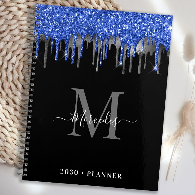Elegant Black Blue Silver Glitter Drips Monogram Planner (Creator Uploaded)