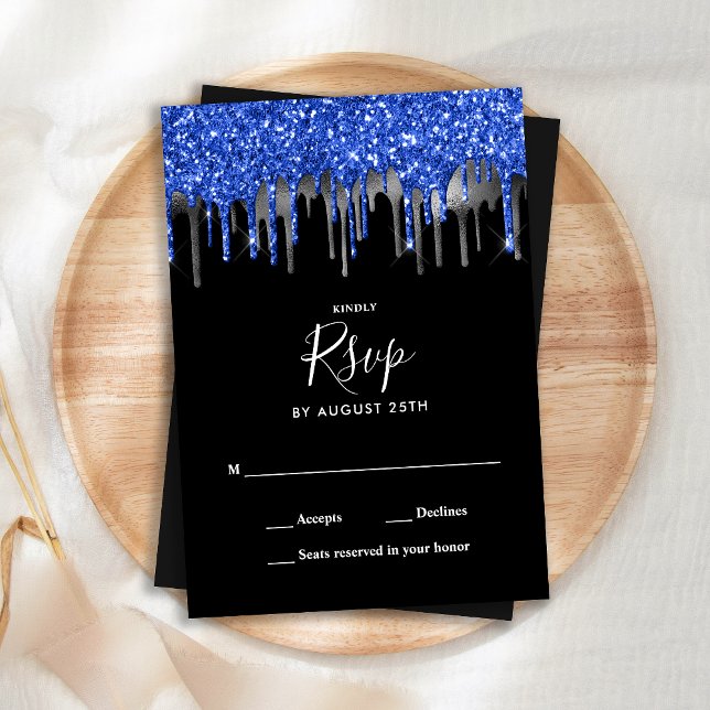 Elegant Black Blue Silver Glitter Drips Wedding RSVP Card (Creator Uploaded)