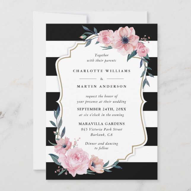 Elegant Black Blush Pink Floral Wedding Invitation (Front)