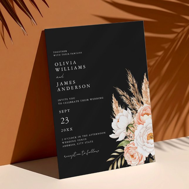 Elegant Black Boho Chic Floral Fall Wedding  Invitation (Creator Uploaded)