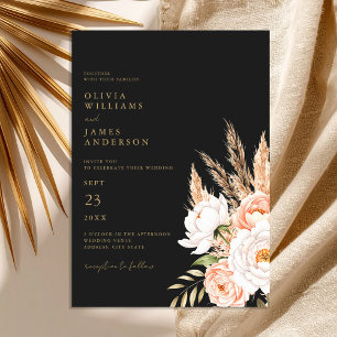 Elegant Black Boho Chic Floral Fall Wedding  Invitation