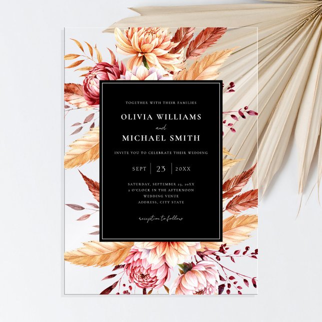 Elegant Black Boho Chic Floral Wedding Acrylic Invitations (Creator Uploaded)