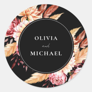 Elegant Black Boho Chic Floral Wedding Classic Round Sticker