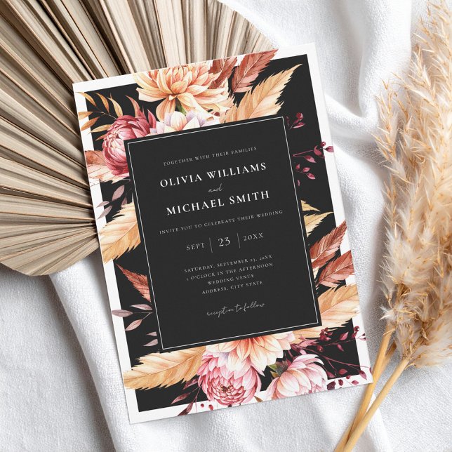 Elegant Black Boho Chic Floral Wedding Invitation (Creator Uploaded)