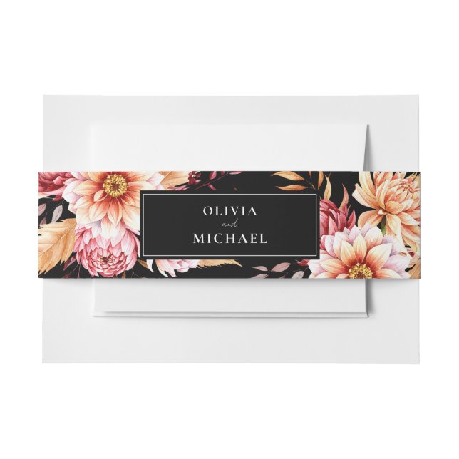 Elegant Black Boho Chic Floral Wedding Invitation Belly Band (Front Example)