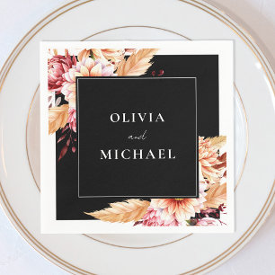 Elegant Black Boho Chic Floral Wedding Napkin