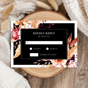 Elegant Black Boho Chic Floral Wedding RSVP Card