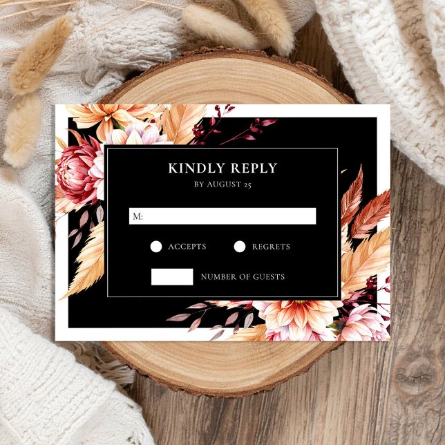 Elegant Black Boho Chic Floral Wedding RSVP Card (Creator Uploaded)