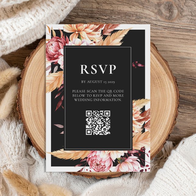 Elegant Black Boho Chic Floral Wedding RSVP Card (Creator Uploaded)