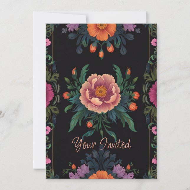 Elegant black boho chic vintage floral  invitation (Front)