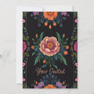 Elegant black boho chic vintage floral  invitation