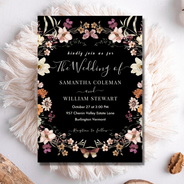 Elegant Black Boho Wildflower Modern Wedding Invitation (Creator Uploaded)