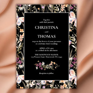 Elegant Black Boho Wildflowers Wedding Invitation