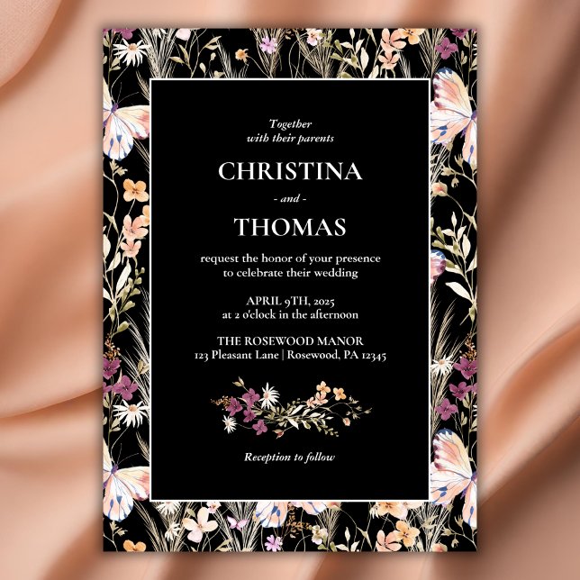 Elegant Black Boho Wildflowers Wedding Invitation (Creator Uploaded)