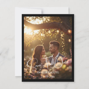 Elegant Black Border Photo Modern White Script Save The Date