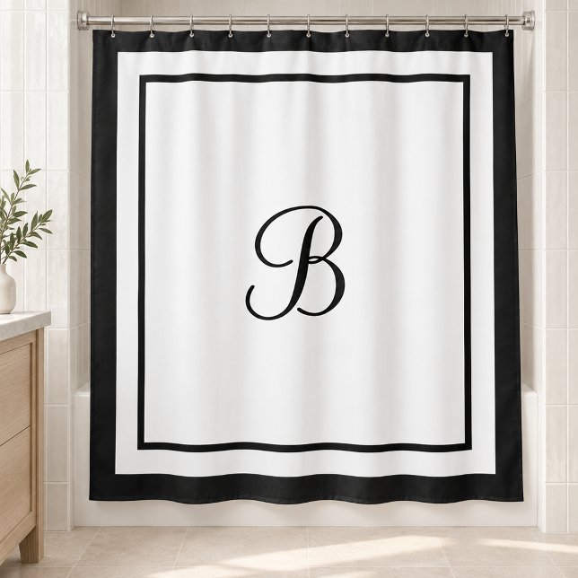 Elegant Black Border Script Monogram Shower Curtain (Creator Uploaded)