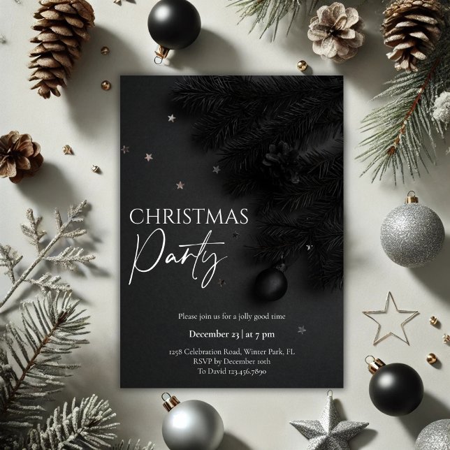 Elegant Black Botanical Christmas Party Invitation (Black Botanical Modern Christmas Party Invitation)