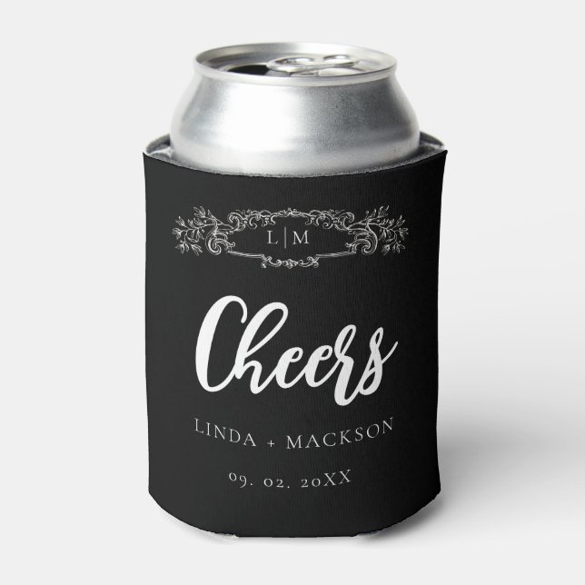 Elegant Black botanical crest monogram wedding Can Cooler (Can Front)