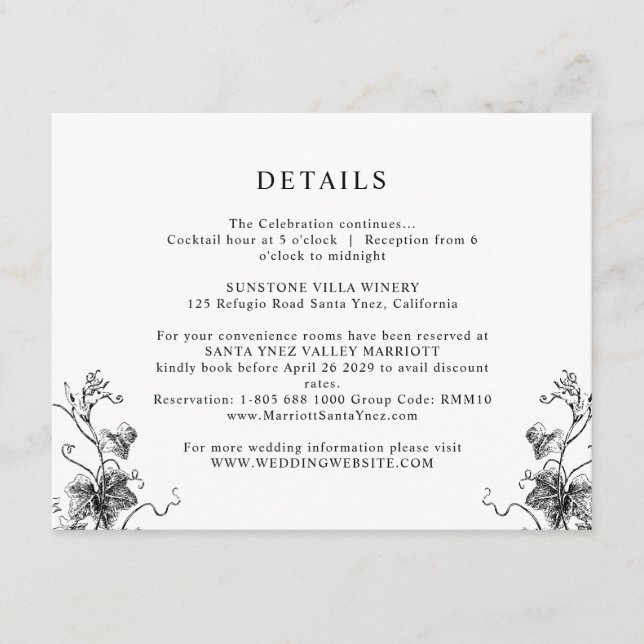 Elegant Black Botanical Leaves Wedding Details Enclosure Card (Front)