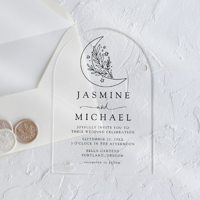 Elegant Black Botanical Moon and Stars Wedding Acrylic Invitations (Creator Uploaded)