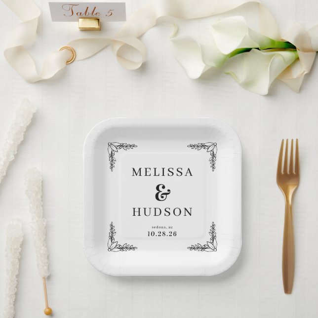 Elegant Black Botanical Paper Plate (Wedding)
