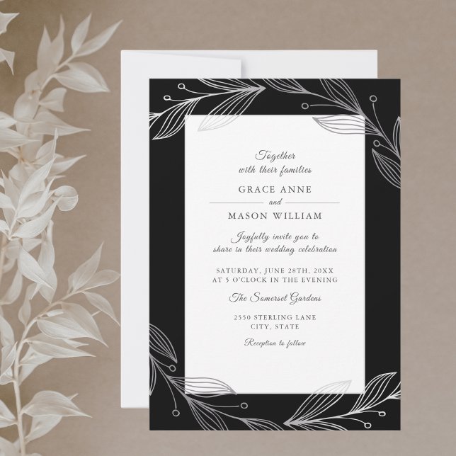 Elegant Black Botanical Silver Leaves Wedding Invitation (Creator Uploaded)