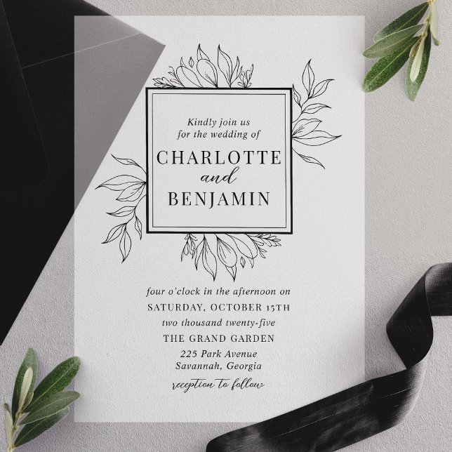 Elegant Black Botanical Square Frame Wedding Vellum Invitations (Creator Uploaded)