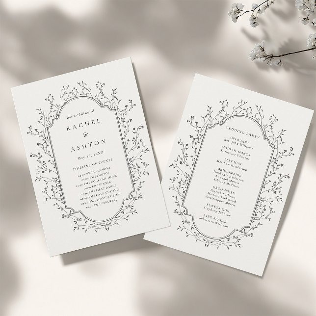 Elegant Black Botanical Vintage Frame Wedding  Programme (Front & Back)